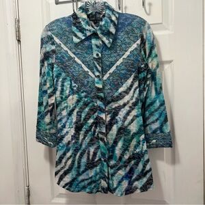 Vibrant Blue and Black Boho Chic Button Down Shirt